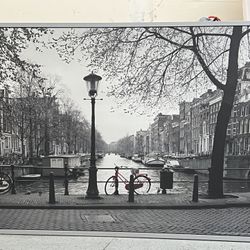 55 1/2” X 39 1/2” Black And White Painting With Red Bike