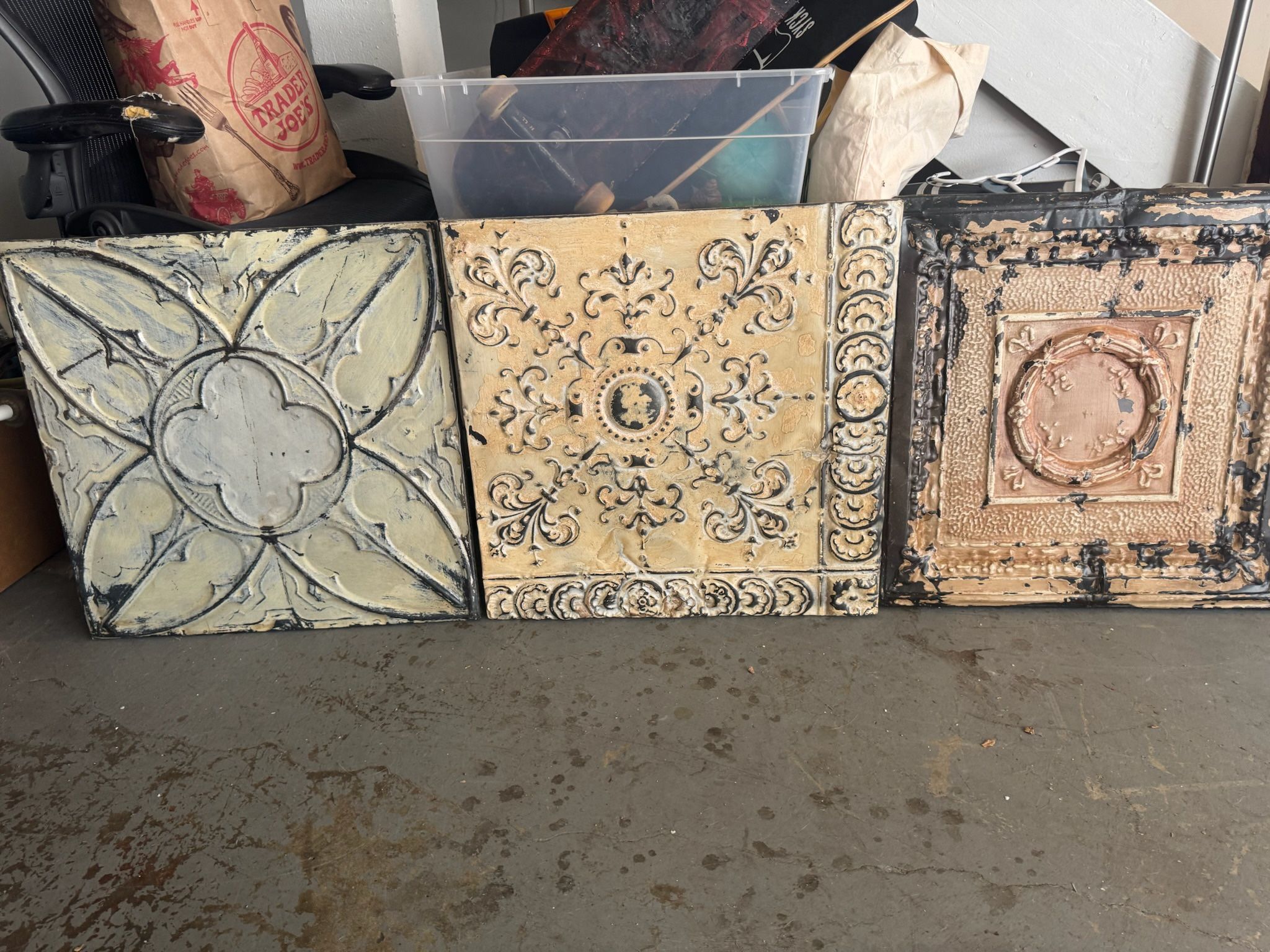 Lot of 3 Antique Tin Ceiling  2' x 2' Shabby Tiles Framed 
