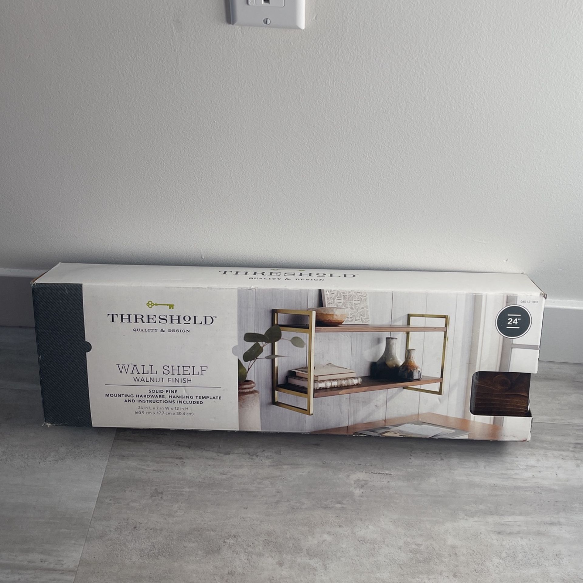 Brown / Walnut Finish With Brass Arms Hanging Shelf - New/Never Used 