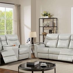 Brand New Light Gray Leather Power Recliner Sofa And Love Seat 