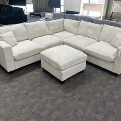 Cream Light Beige Sectional W/ Matching Ottoman 