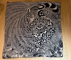 Authentic Hermès 140cm Cashmere Silk Shawl "Jaguar Quetzal" by Alice Shirley Hermes Orange Box