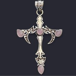 Pink Rose Quartz Silver 2.5” Cross Pendant-Goth