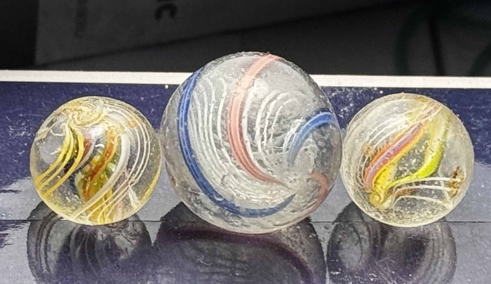 3 Vintage Handmade German Marbles Divided Ribbon Core Swirls 1 Big 2 Small