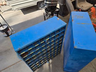 TWO Delta Metal Hardware Storage Bins, 72 and 42 slots, 42x34" w, full of items as pictured