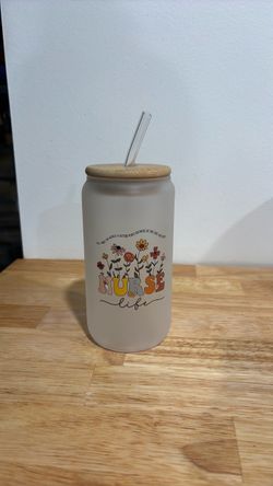 Nurse Life Frosted Glass Can Cup with Lid and Straw