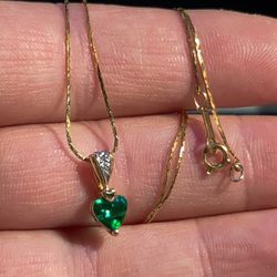 Elegant 14k Yellow Gold And  Lab Created Emerald With Diamonds Necklace