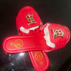 Red Quilted Slide Sandals with Gold Logo