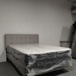 New Full Size Complete Bed With White/Gray Headboard