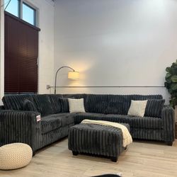 Gray Fluffy Corduroy Sectional Sofa with Ottoman