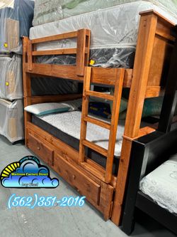 Triple twin oak bunk bed with mattresses colchones camas nuevas