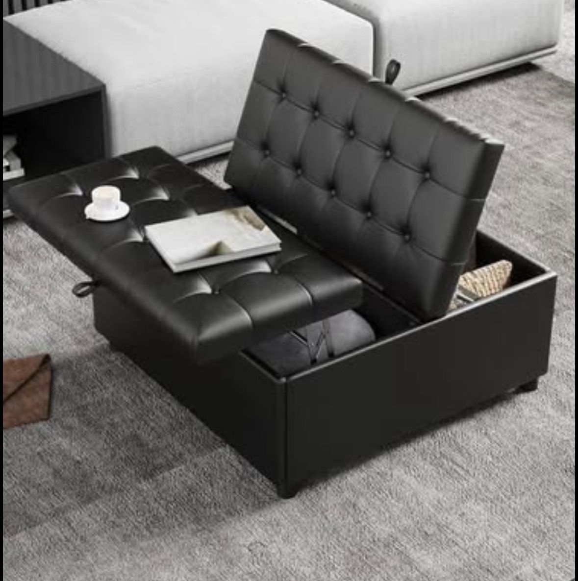 Large Leather Storage Ottoman, Square Ottoman Coffee Table, Lift Top Tufted Ottoman 36x36”
