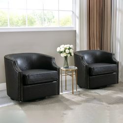 Set Of 2 - Black PU Worn Leather Oversized Industrial Swivel Glider Barrel Chairs [NEW IN BOX] **Retails for $750