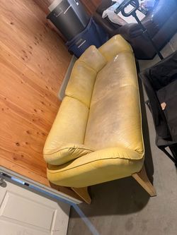 Yellow Leather Sofa with Wood Legs