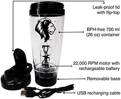 LIFEINMOTION Portable USB-Rechargeable Mixer – BPA-free acrylic 26 fluid ounce 22,000 RPM vortex mixer – Quietly and quickly blends lump-free powdered