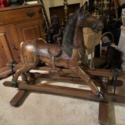 Antique Wooden Horse With Leather 