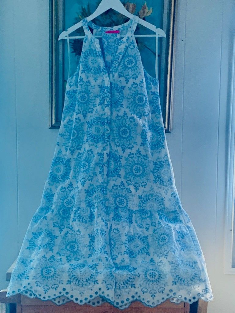 Lilly Pulitzer Kiri Tie Waist Eyelet Midi Dress Boca Blue w Belt - NWOT