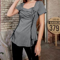 Scarlet Darkness Women Ruched V Neck Lace-up Blouse 