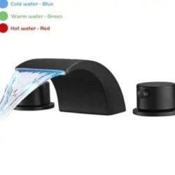BWE 8 in. Widespread Waterfall Double Handle Three Holes Bathroom Faucet With Led Light in Matte Black