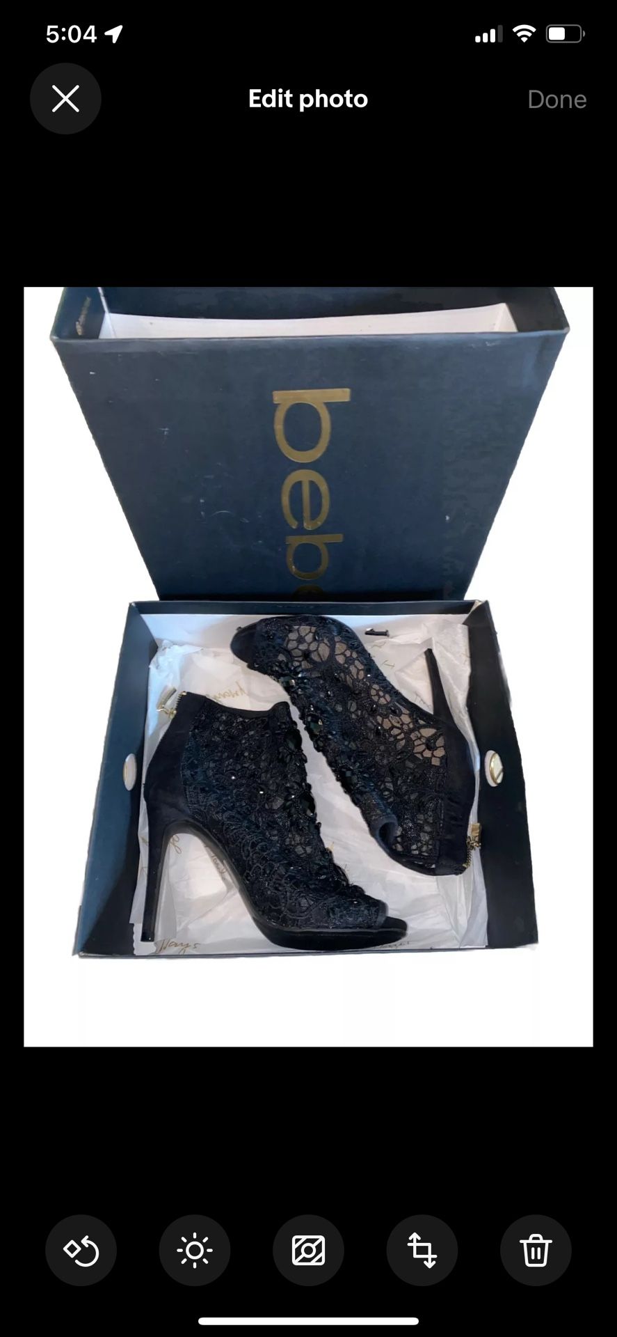 New Bebe Lace Ankle Boots, beaded Crochet, High Heel, Peep Toe, Black Size 8