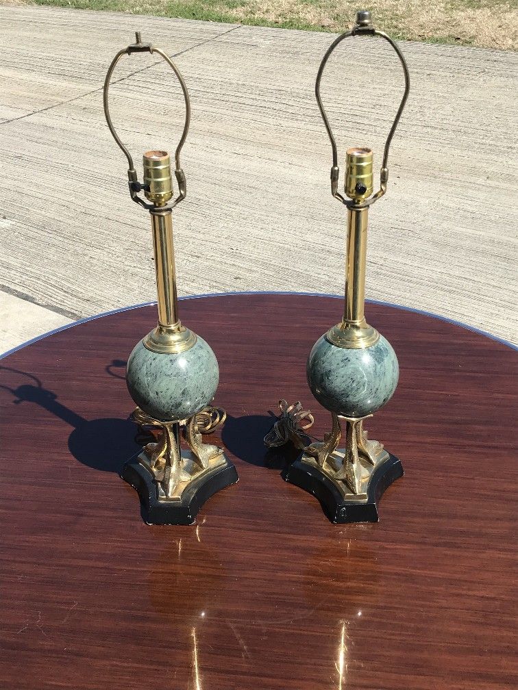 Antique Green Marble & Solid Brass Dolphin Lamps