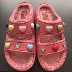 Pink Crocs Fuzzy Slides with Heart & Mickey Jibbitz - Women's Size 8