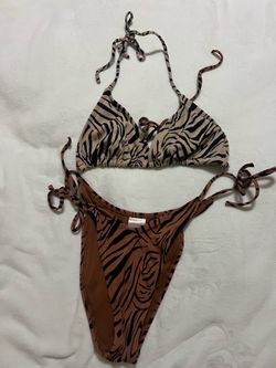 Zebra Print Two-Piece Bikini Set Beige Brown Top Size Large Bottom Size Medium