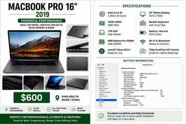 MacBook Pro 16” 2019 i9 16GB 1TB Radeon 5500M