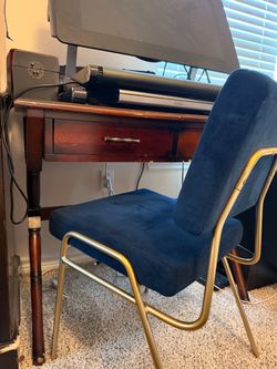 West Elm Wire Frame Desk / Dining Chair - Ink Blue Velvet & Gold Brass