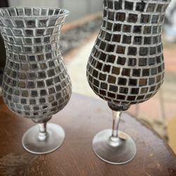 Set of 2 Mosaic Glass Goblet Vases – Silver & Smoked Mirror Tile Hurricane-Style Décor