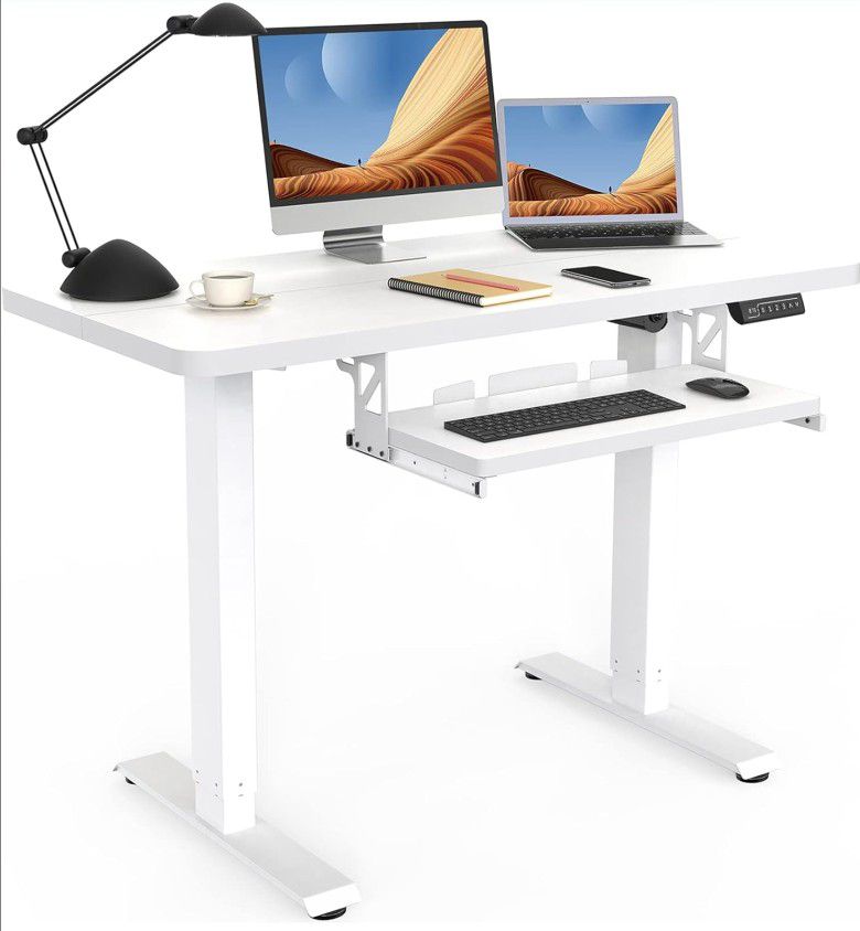JOY Worker White Electric Standing Desk With Keyboard Tray, Splice Board 48 X 24 Inches Sit Stand Up Height Adjustable Desk With Memory Controller