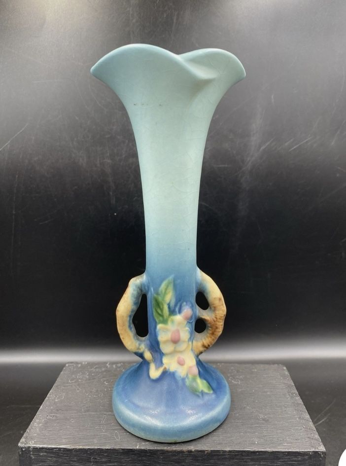ANTIQUE ROSEVILLE BLUE APPLE BLOSSOM ART POTTERY TREE BUD FLOWER VASE