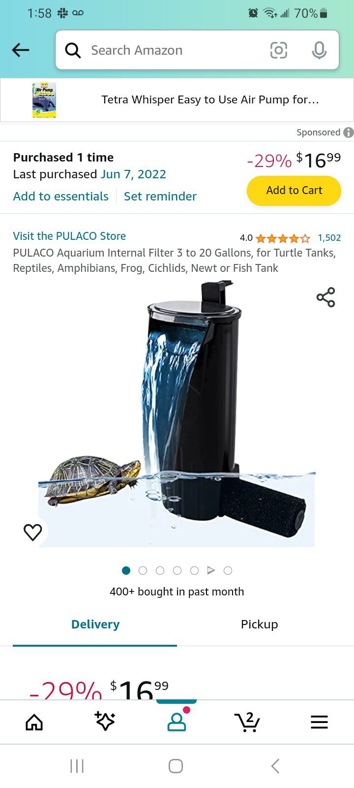 PULACO Aquarium Internal Filter 3 to 20 Gallons, for Turtle Tanks, Reptiles, Amphibians, Frog, Cichlids, Newt or Fish Tank
