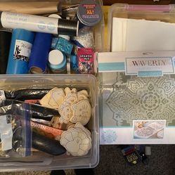 Collection of crafting supplies, glitter, wooden cut outs 