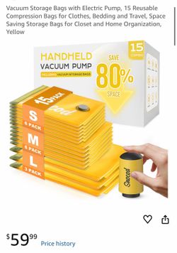 Reusable Vacuum Storage Bags 15-Pack with Electric Pump (Yellow)
