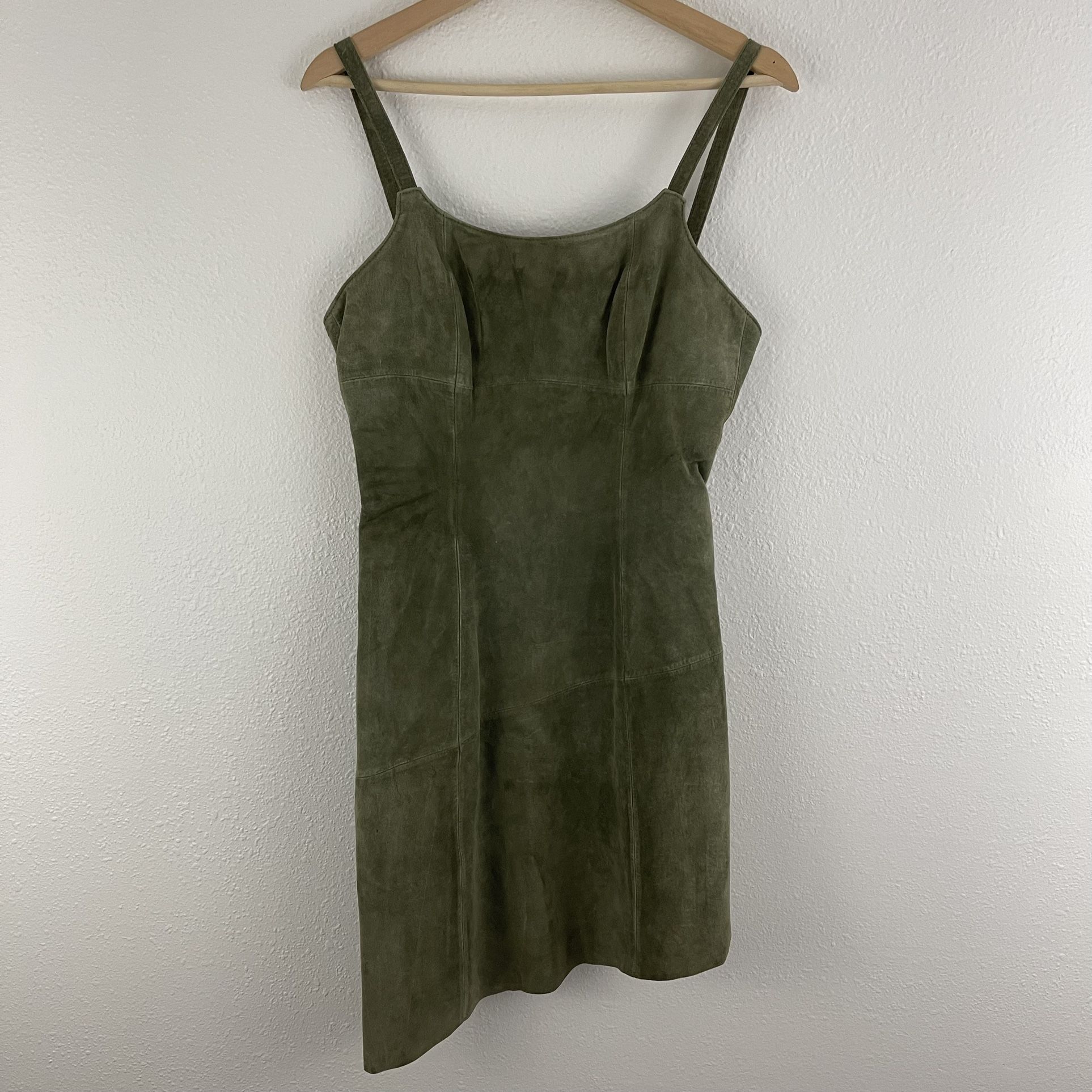 ARTURO Vintage 90s Army Green Suede Leather Grunge Asymmetrical Hem Mini Dress