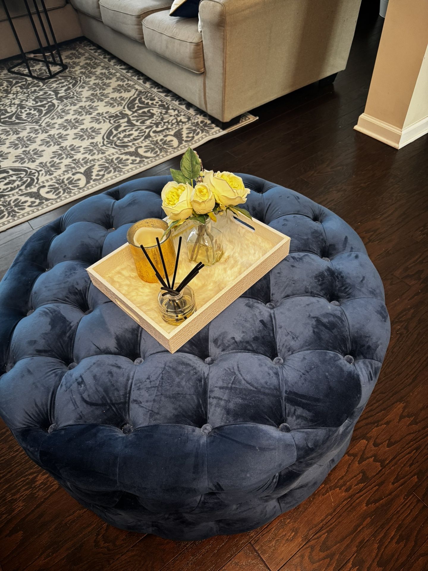 Navy Velvet Ottoman