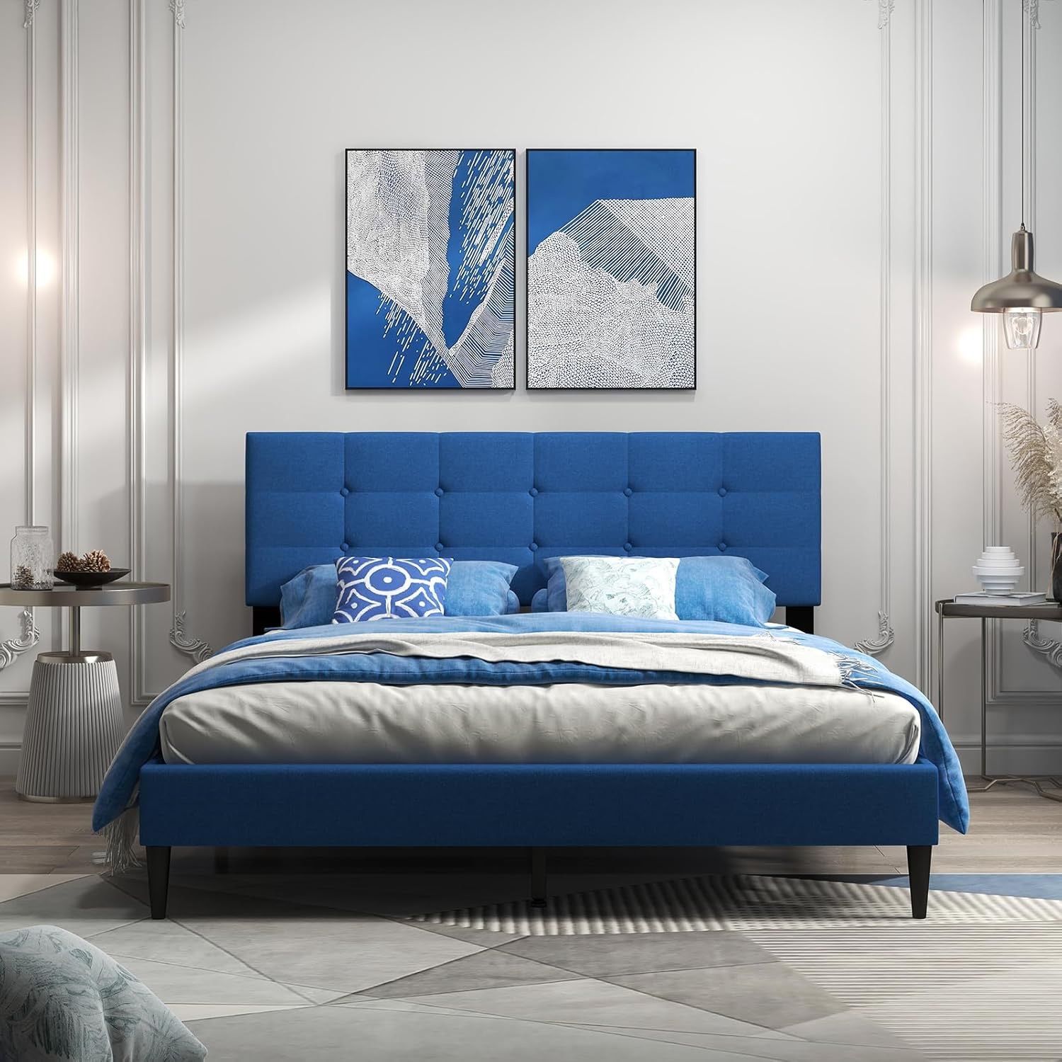 387 Queen Size Platform Bed Frame with Button Tufted Headboard and Wooden Slats, Modern Fabric Linen Upholstered Mattress Foundation, No Box Spring N,All Products : American Fashion Style Bags On Sale