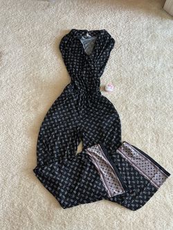 Max Studio Black Printed Wide Leg Jumpsuit Size Small Tie Waist Sleeveless
