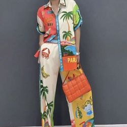 Boho Print Top and Pants 2pcs Set Casual Beach Outfits for Women Summer Outfits