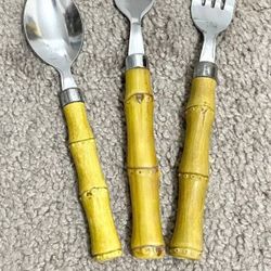 Vintage MCM Lot Of 3 Faux Bamboo Handle Stainless Flatware Tiki Bar Party Picnic 2 Forks 1 Spoon