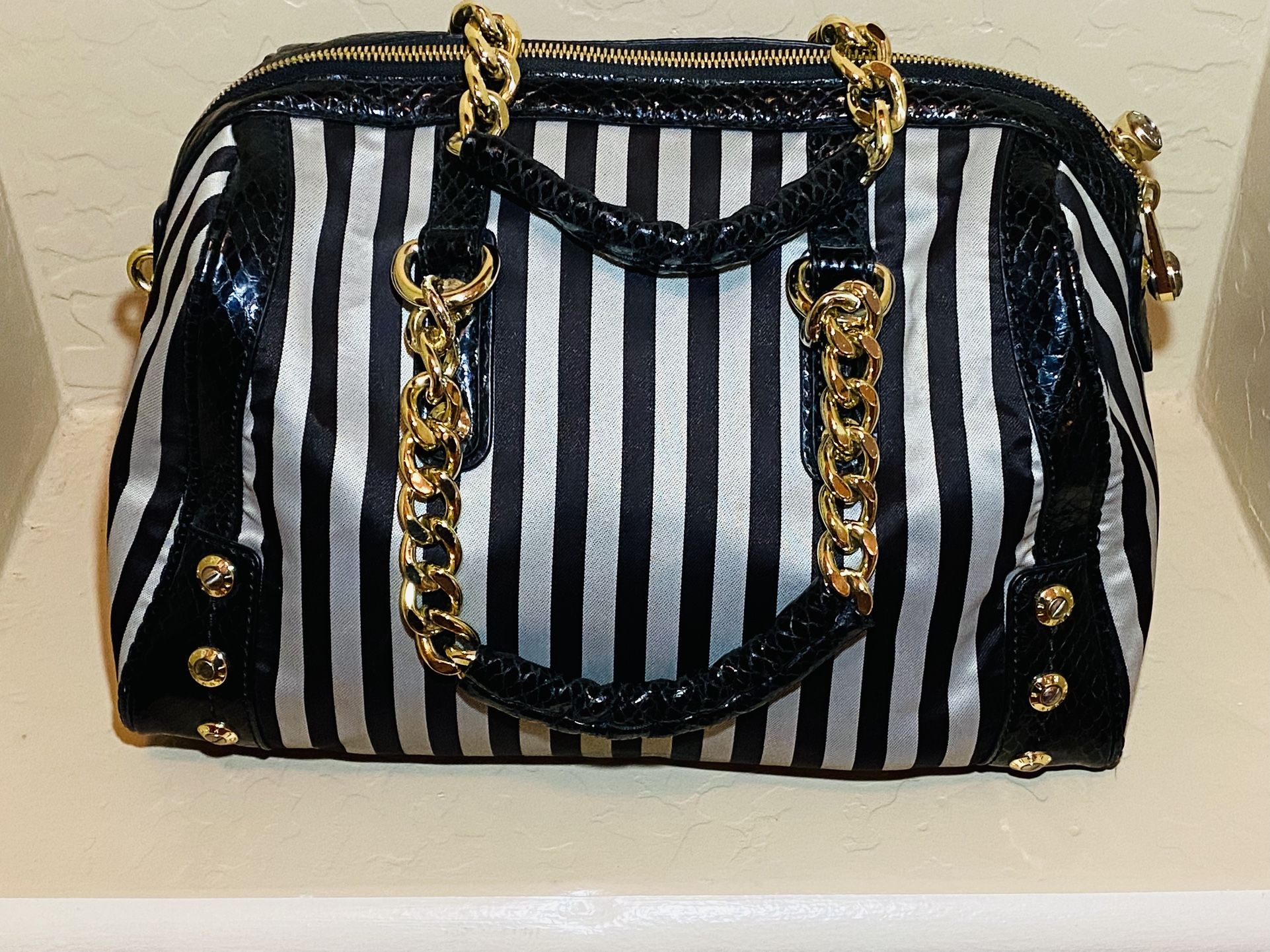 Henri Bendel Brown & White Striped Satchel Designer 712 5th Ave Handbag