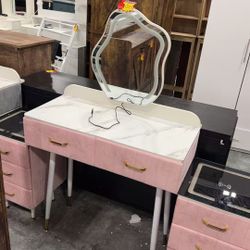 🔥sale 🔥Makeup Vanity with Lighted Mirror Make up Desk with Lighting 3 Colors Touch Dimming Mirror Dressing Table Set with Marbled Table Top and Gold