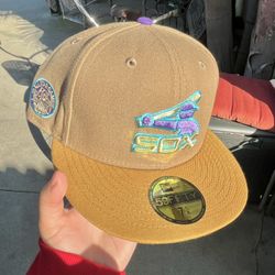 RARE Exclusive Two Tone SOLD OUT White Sox  59fifty New Era Fitted Tan Khaki Wheat Brown Hat with Blue Teal UV  •SOLD OUT EXCLUSIVE LIMITED RELEASE  •