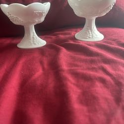 White Milk Glass Pedestal 4" Candlestick Holder with Grapes and Leaves Set Of 3