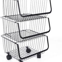 3/4 Tier Rolling Basket Fruit Vegetable Storage Bin Utility Cart Organizer with Casters for Kitchen Supplies (3 Tier)