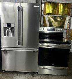 Frigidaire Refrigerator Three Doors And Stove Five Burner Stainless Steel