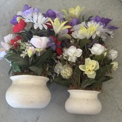 Matching Clay Pots With Fake Flowers Attached 