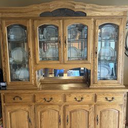Vintage Large Oak China Hutch And Base  China Not Included