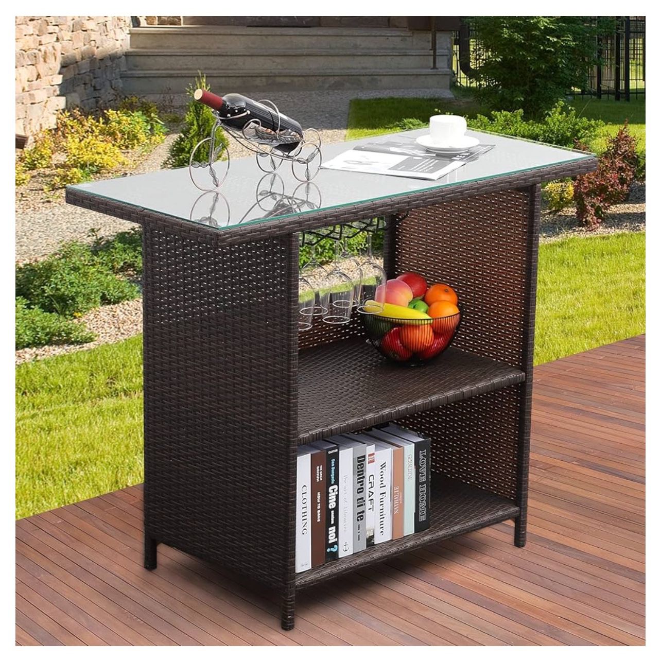Outdoor Brown Wicker Bar With Glass Top